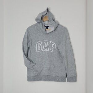 GAP Women Gray Cotton Blend Classic White Logo Kangaroo Pocket Hooded Sweater L